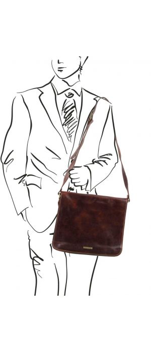 Ανδρική Τσάντα Δερμάτινη Messenger Double TL90475 Καφέ σκούρο Tuscany Leather